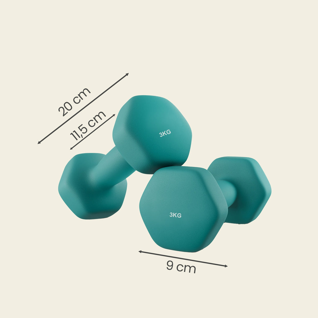 JOYFURNOS Ensemble de 2 haltères hexagonaux en néoprène, 2 x 3 kg, avec barres d'haltères, Entraînement à domicile, Turquoise