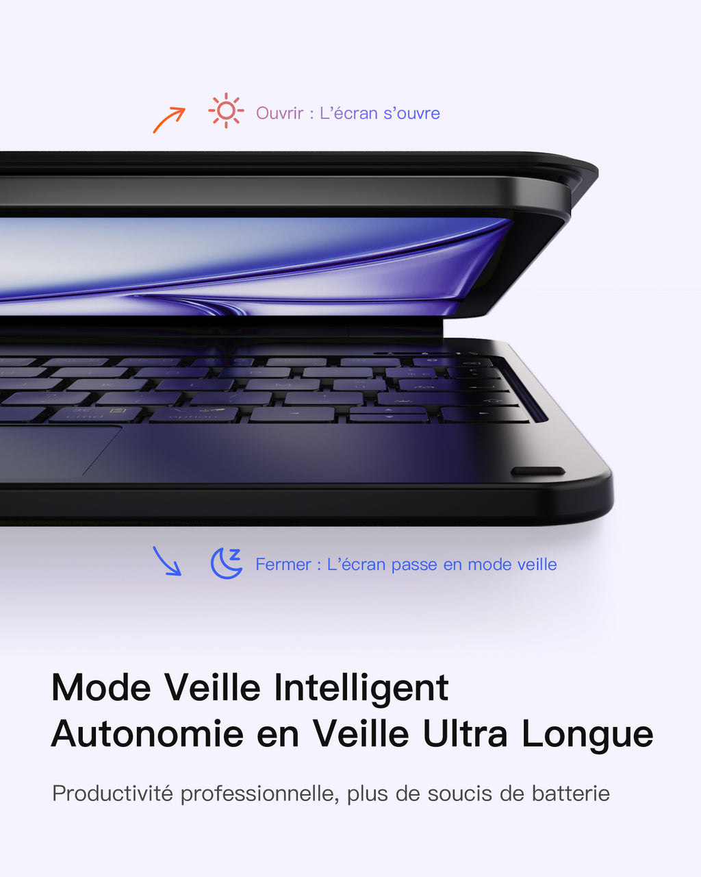 Inateck Housse Clavier magnétique pour iPad Air 11" M4/M3/M2, Air 5e/4e gen 10,9", Pro 11" (1re-4e gen) : Support Cantilever Flottant, rétroéclairage 7 Couleurs et trackpad, AZERTY