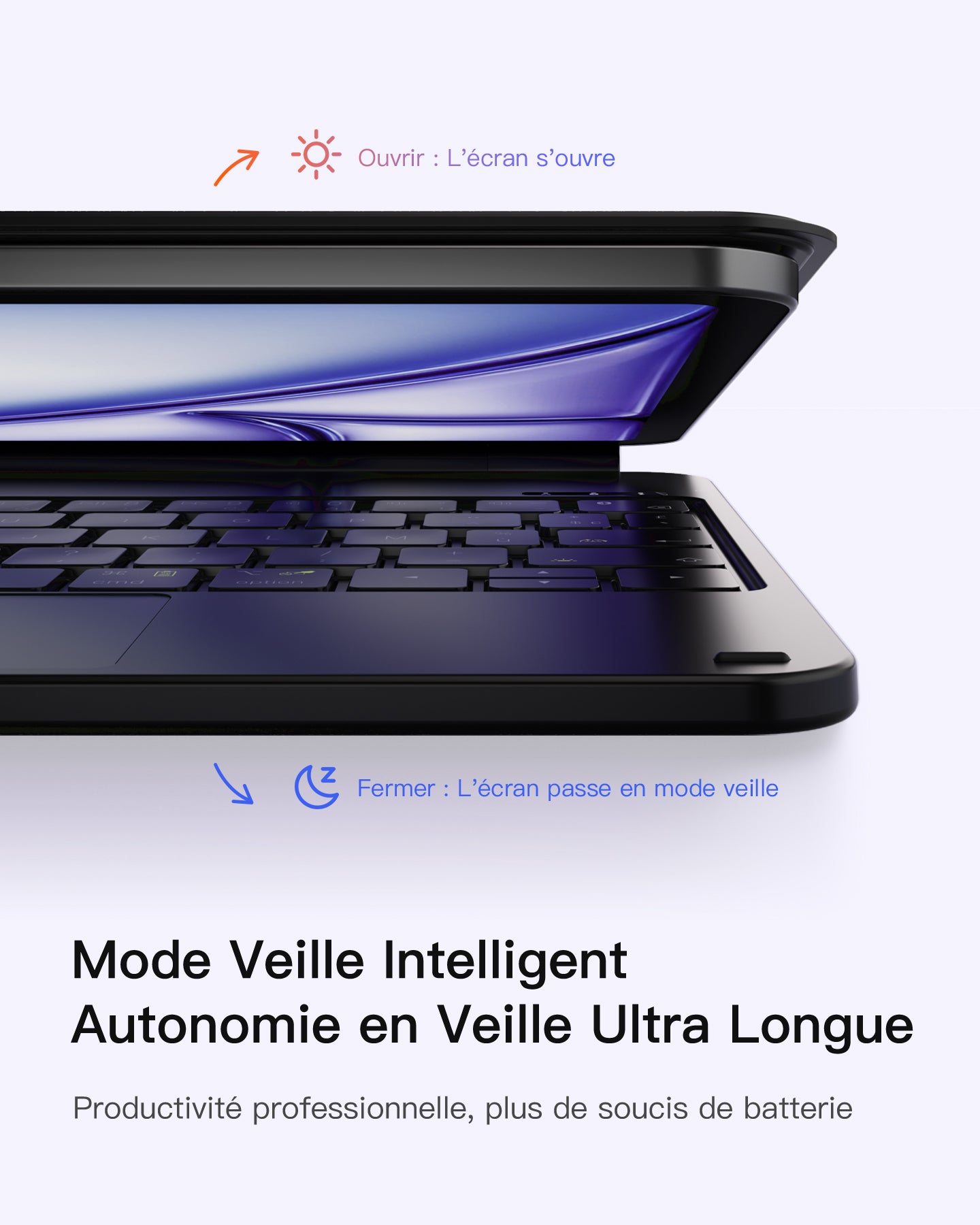Inateck Housse Clavier magnétique pour iPad Air 11" M4/M3/M2, Air 5e/4e gen 10,9", Pro 11" (1re-4e gen) : Support Cantilever Flottant, rétroéclairage 7 Couleurs et trackpad, AZERTY