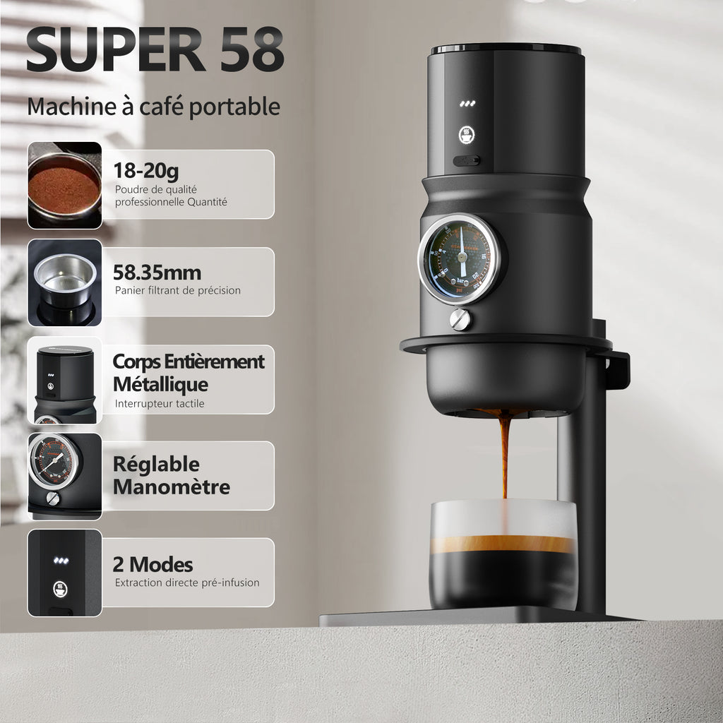 Starseeker Super58 Machine à espresso portable Petit format usage domestique Électrique adaptée au bureau et au camping en plein air Gris