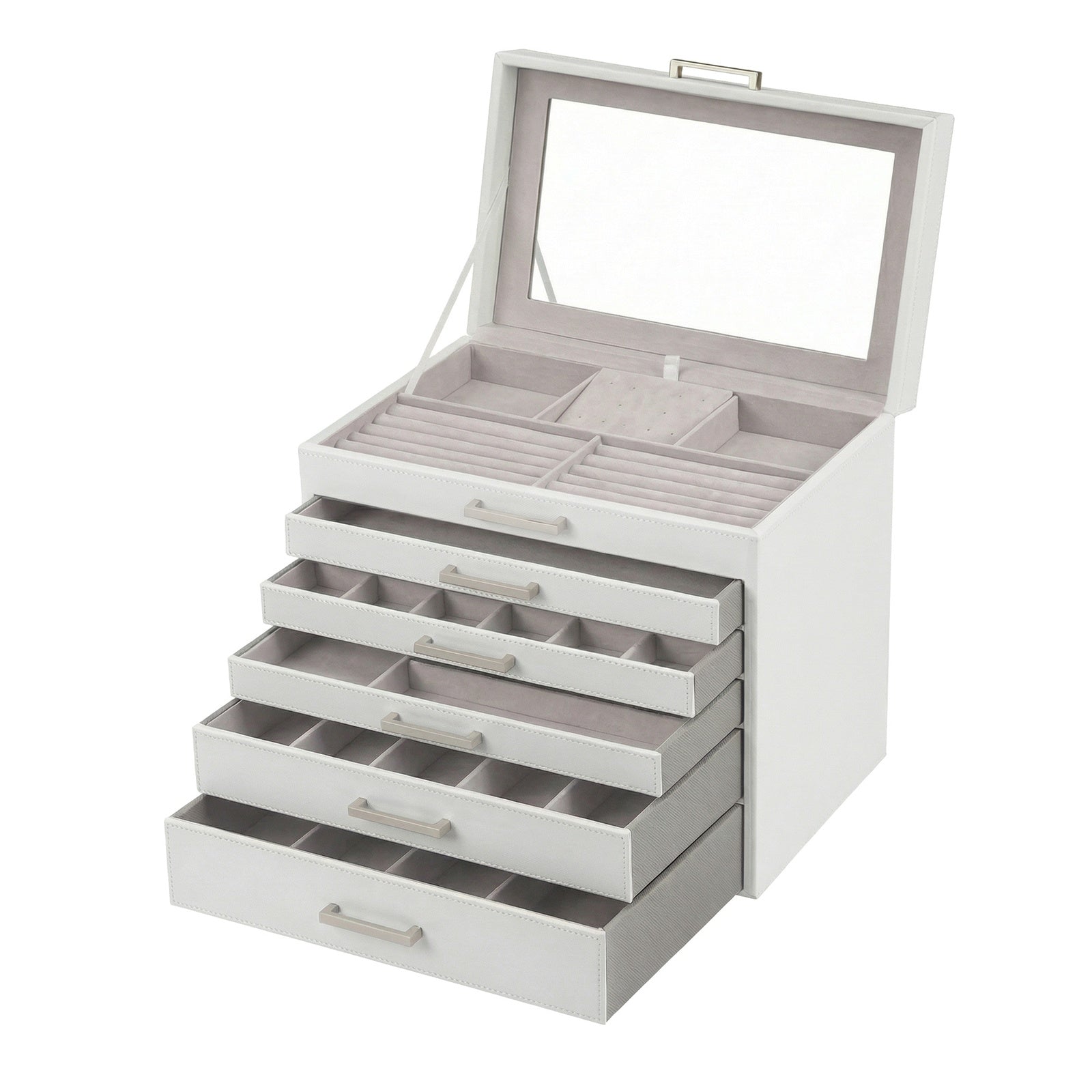 JOYFURNOS Boîte à Bijoux 6 Niveaux, Écrin à Accessoires, avec Grand Miroir, 5 Tiroirs, Rangement pour Bijoux, Moderne, Blanc