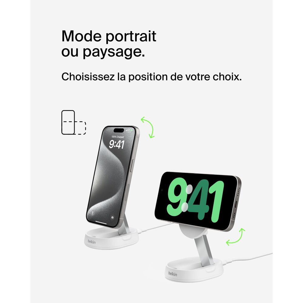 BELKINBOOST CHARGE Pro Qi2 Chargeur sans fil magnétique et pliable à induction 15 W compatible MagSafe pour iPhone 16/15/14 et AirPods, adaptateur secteur 20 W inclus - Blanc