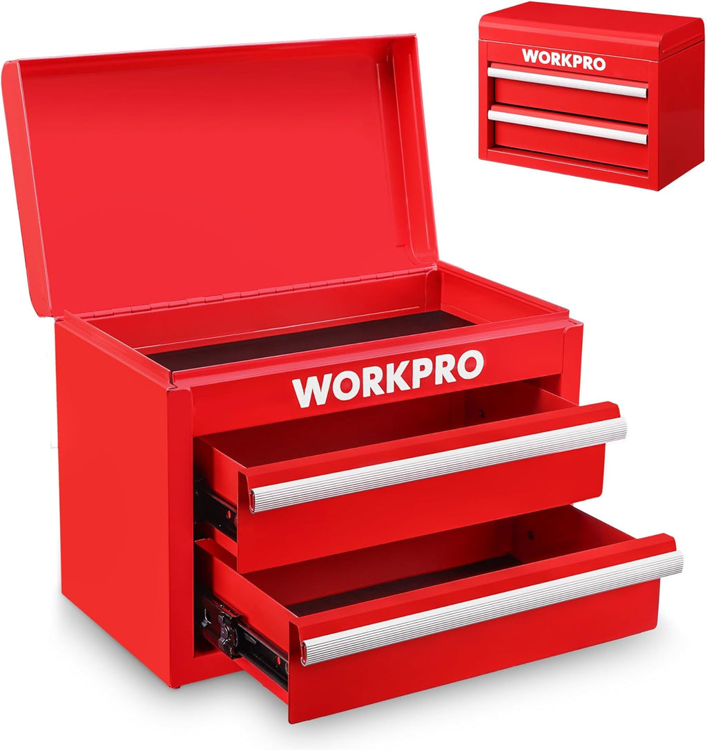 WORKPRO Boîte à tiroirs métallique avec 2 tiroirs et espace de rangement supérieur, Rouge, 27,5 x 15 x 20,8 cm, Organiseur de table avec tiroirs pour bureau, vestiaire et poste de travail