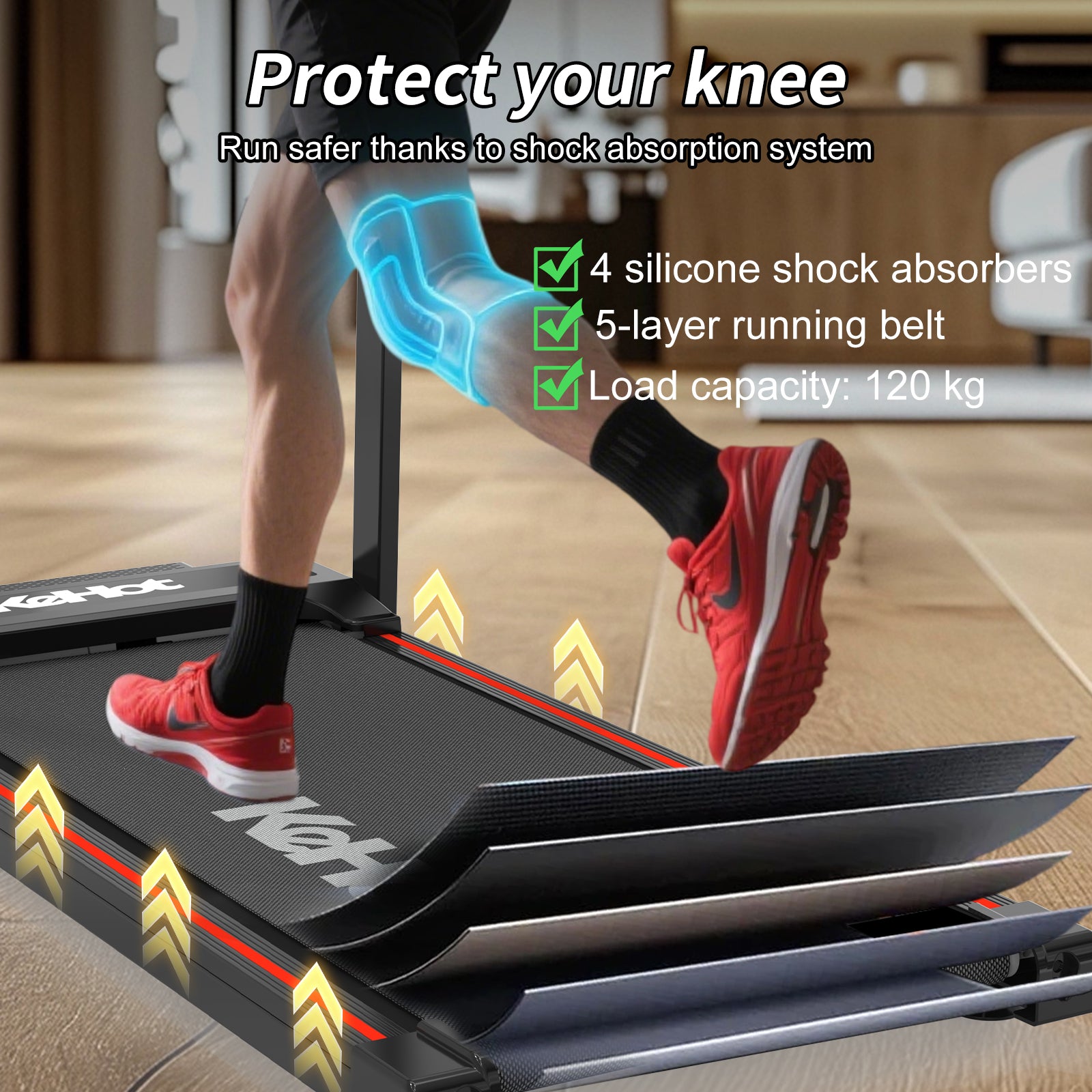 KEHOT SL-Q30 Tapis de course pliable avec vitesse réglable 1 à 12 km/h, courroie 375 × 945 mm, alimentation 220-240 V et compatible Bluetooth/FITSHOW/KINOMAP/ZWIFT