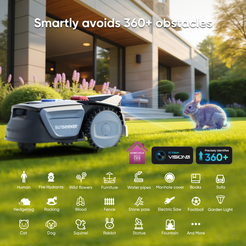 SUNSEEKER V1 avec Garage, Robot Tondeuse Sans Fil Périmétrique, 300 m² pour Petits Jardins, Vision IA, Évitement Intelligent des Obstacles, Pentes 27 %, Tonte en Un Clic, Contrôle Via Application
