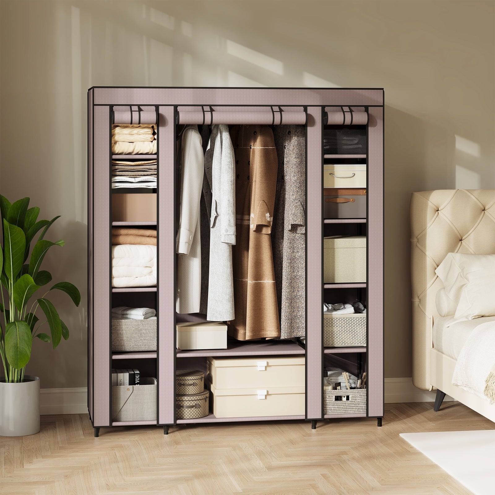 JOYFURNOS Armoire de dressing, armoire portable pour chambre, tringle à vêtements avec housse en tissu, organisateur de rangement pour vêtements, 150 x 45 x 175 cm, violet