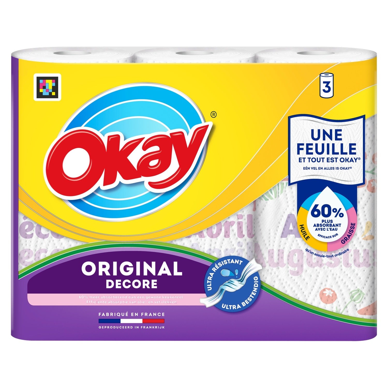 OKAY Essuie-tout Décoré, 60 % Plus Absorbant, 3 Rouleaux