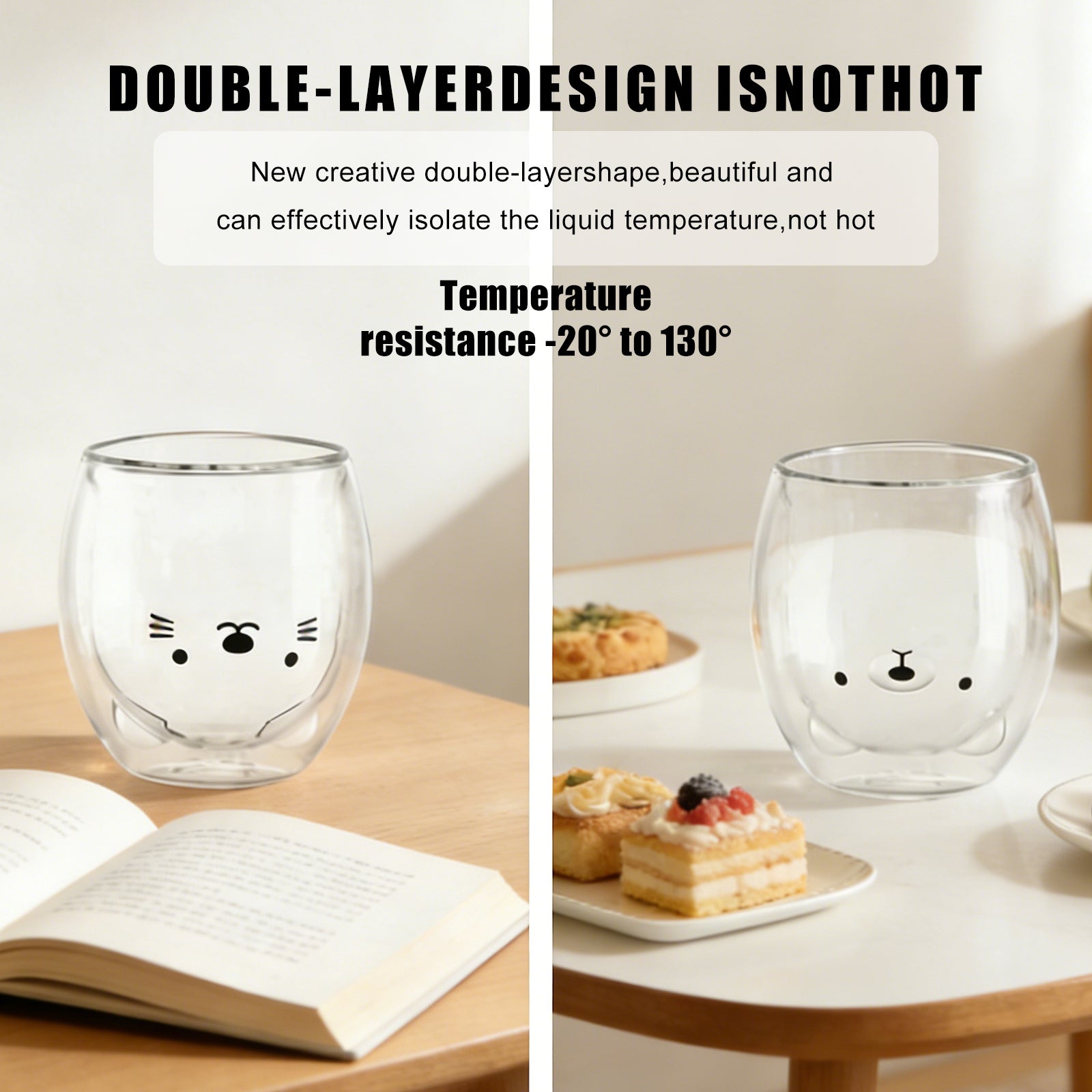 Ju7cer Lot de 2 verres à double paroi chat et ours - 260 ml
