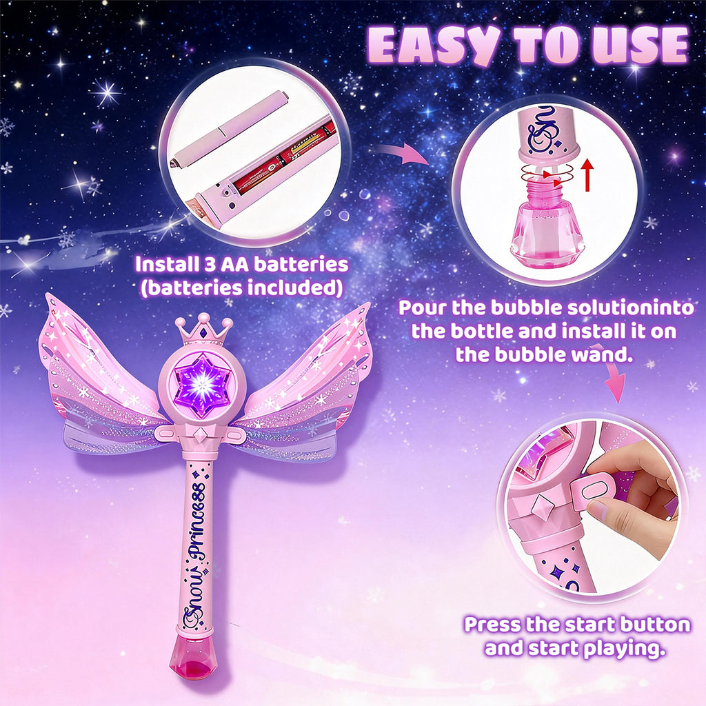 Jouet machine à bulles baguette magique de princesse, Baguette souffleur de bulles automatique avec lumière LED musique et couronne à ailes, Cadeau de jouet fabricant de bulles fée rose pour filles et enfants fête en plein air