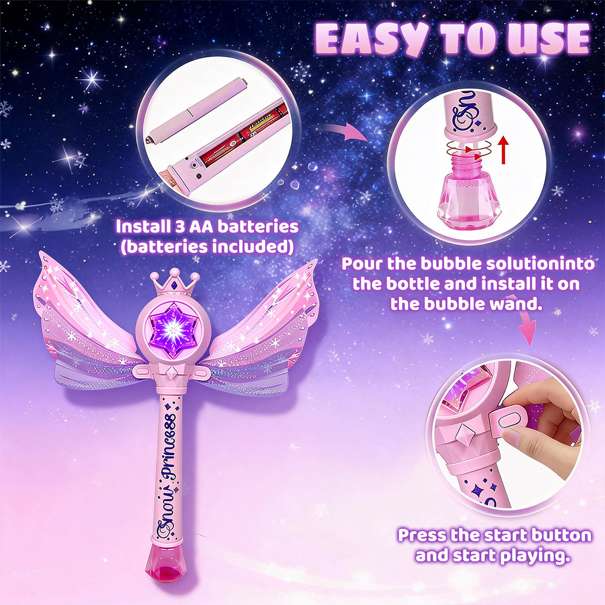 Jouet machine à bulles baguette magique de princesse, Baguette souffleur de bulles automatique avec lumière LED musique et couronne à ailes, Cadeau de jouet fabricant de bulles fée rose pour filles et enfants fête en plein air