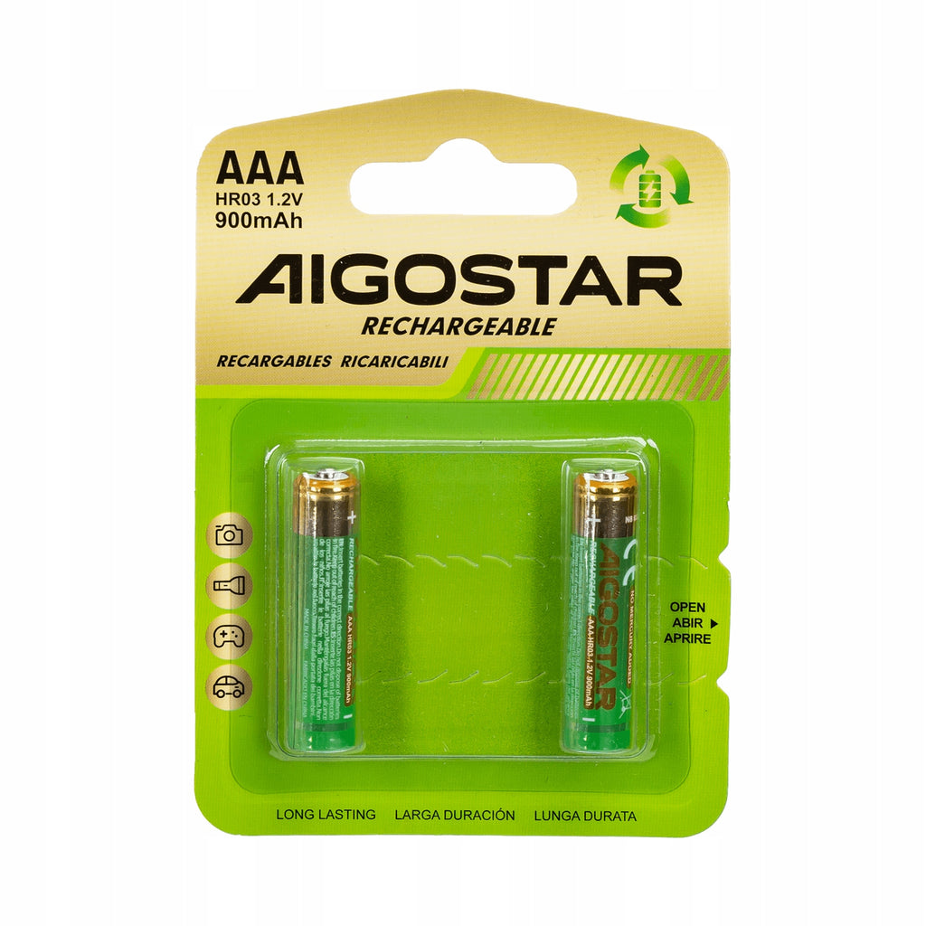 Aigostar Lot de 2 piles rechargeables AAA 900 mAh 1,2 V