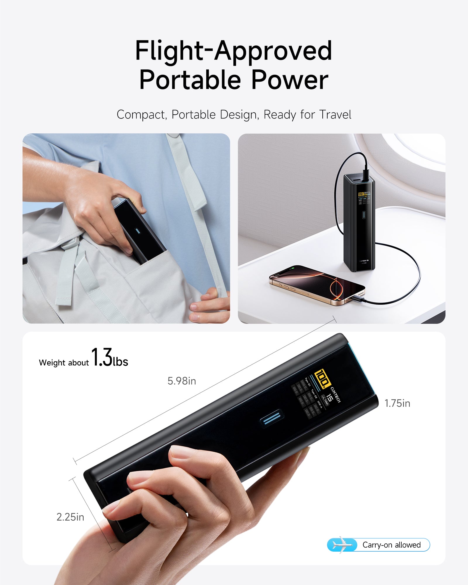 CUKTECH 15 Batterie externe, 20 000 mAh, 140 W, chargeur pour ordinateur portable, chargeur USB-C 3 ports, charge rapide PD3.1, PB200U, Noir