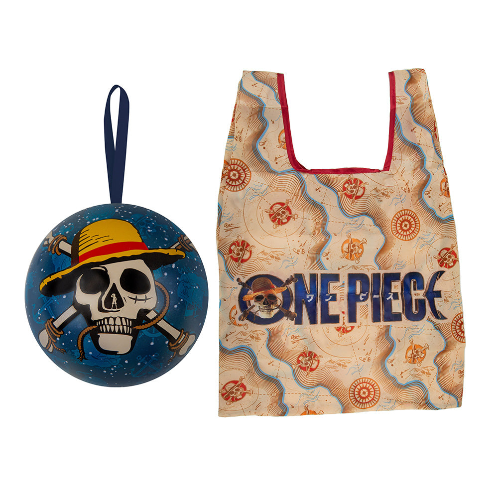 One Piece Sac de Courses Écologique Réutilisable avec Boule de Noël Sphère en Métal Emballage Cadeau Grand Bateau D Luffy Imprimé Carte Tête de Mort Grand Format Sac de Courses Pliable