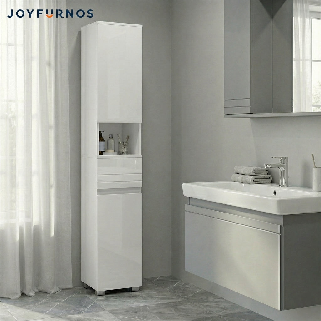 JOYFURNOS Armoire haute de salle de bain, Meuble de rangement mince, Placard étroit, Blanc