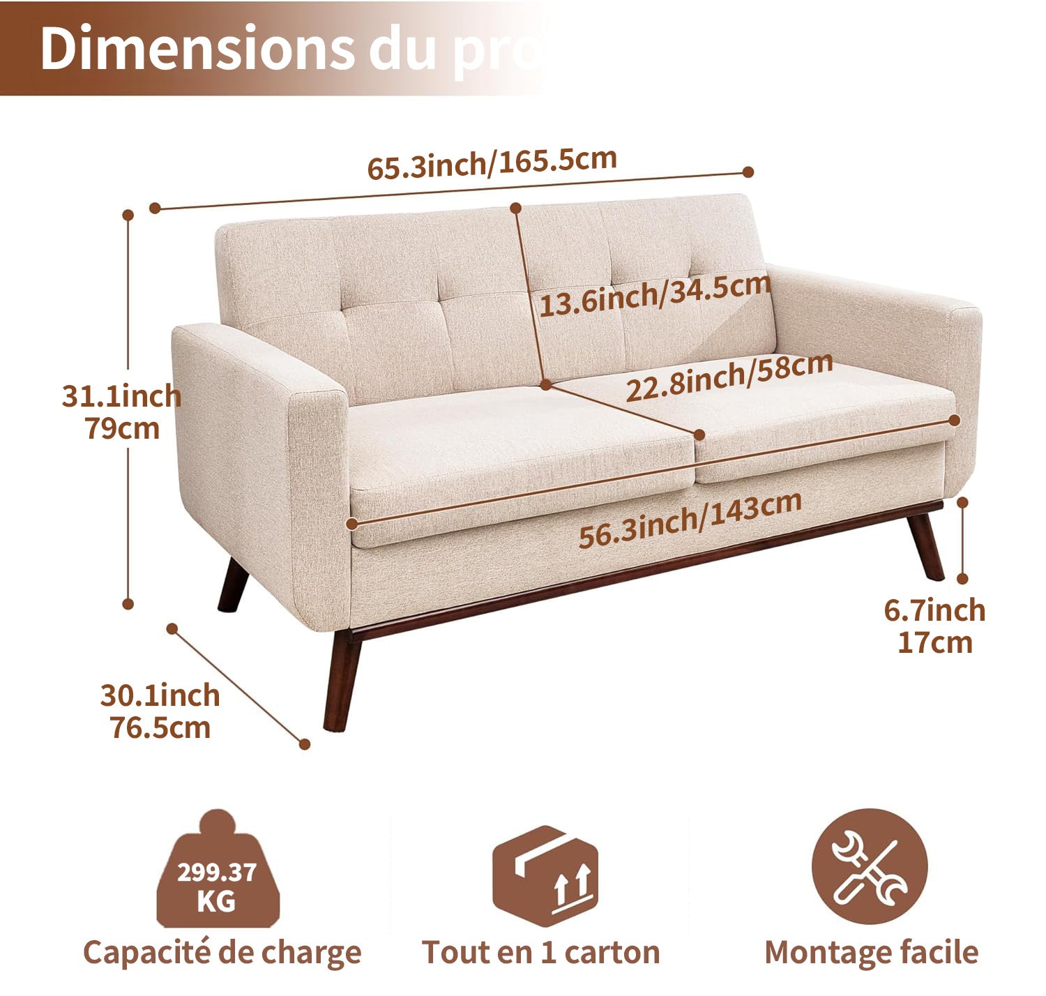 HONEYOU Canapé deux places 165 cm, Canapé de salon moderne milieu du siècle, Meuble rembourré capitonné à rivets, Petit canapé robuste avec traverses de soutien pour assemblage facile
