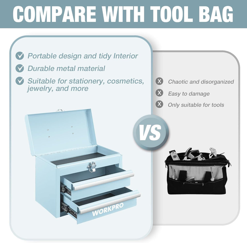 WORKPRO Boîte à outils portable en métal avec 2 tiroirs et espace de rangement supérieur, Bleu clair, 27,5 x 15 x 20,8 cm, Organiseur de table avec tiroirs et poignée pour bureau