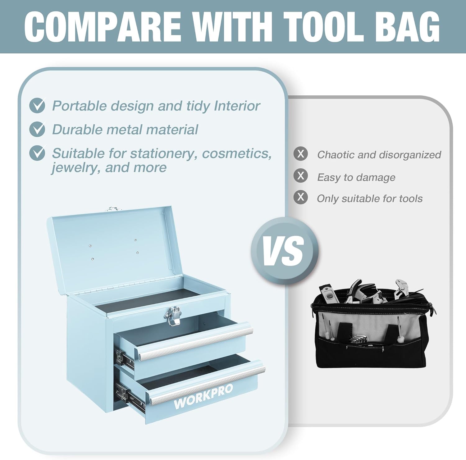 WORKPRO Boîte à outils portable en métal avec 2 tiroirs et espace de rangement supérieur, Bleu clair, 27,5 x 15 x 20,8 cm, Organiseur de table avec tiroirs et poignée pour bureau