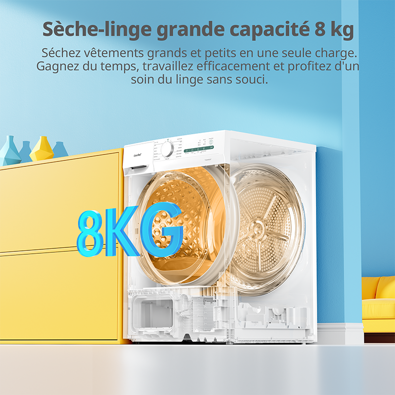 Comfee' Sèche-linge à pompe à chaleur CD08EHP05W-HR, 8 kg, classe énergétique D, lumière UV pour une pureté hygiénique, fonction de rafraîchissement, écran LED, séchage rapide, blanc