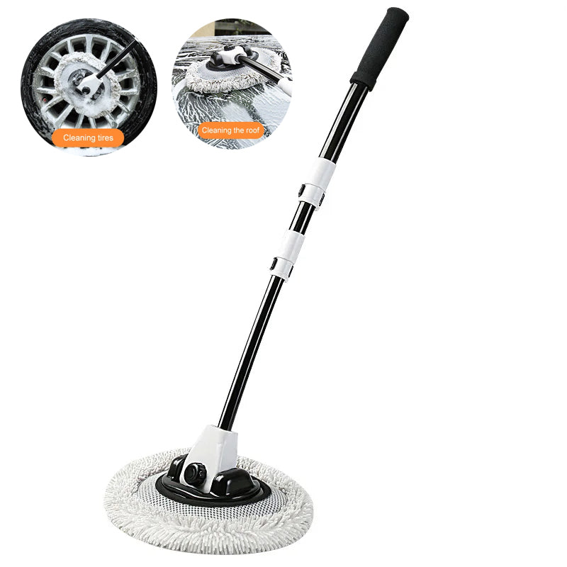 Balai de lavage auto en chenille noir et blanc Hello leiboo : manche ergonomique coudé à 15°, manche télescopique en aluminium, brosse douce anti-rayures, tête amovible, angle réglable pour un nettoyage facile ; un accessoire pratique pour un lavage 