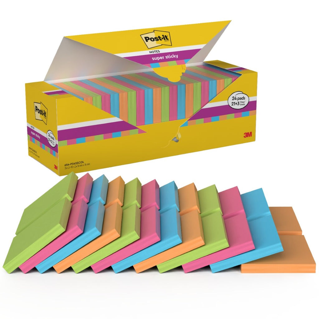 Post-it® Notes adhésives extra-souples, couleurs assorties, 76 mm x 76 mm, pack promotionnel, 90 feuilles/planche, 21 + 3 planches gratuites/pack, 100 % PEFC, SGSCH-PEFC-COC-110078