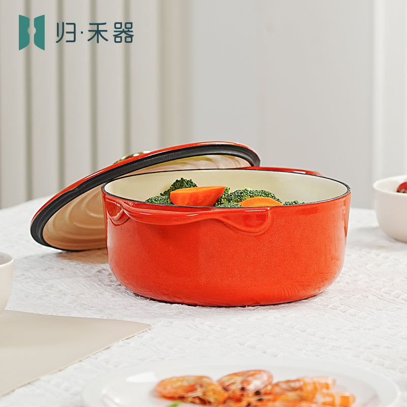 Guiheqi Édition limitée - Cocotte en fonte émaillée à double anse, fond plat, pression douce - 22 cm, 3 L - Orange vermillon kaki