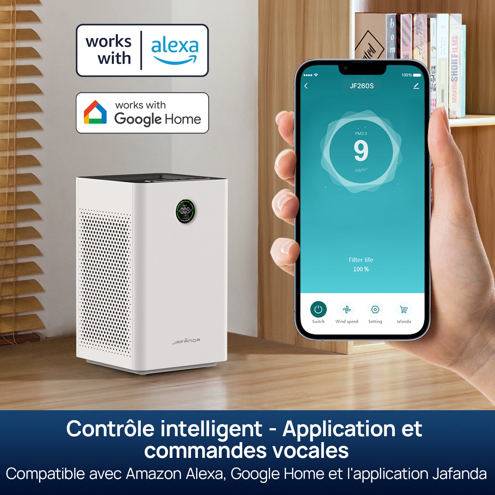 JAFANDA Purificateur d’air pour grandes pièces jusqu’à 1190 pi², Filtre HEPA H13 véritable avec charbon actif, Contrôle intelligent WiFi et Alexa, Élimine poussière, pollen