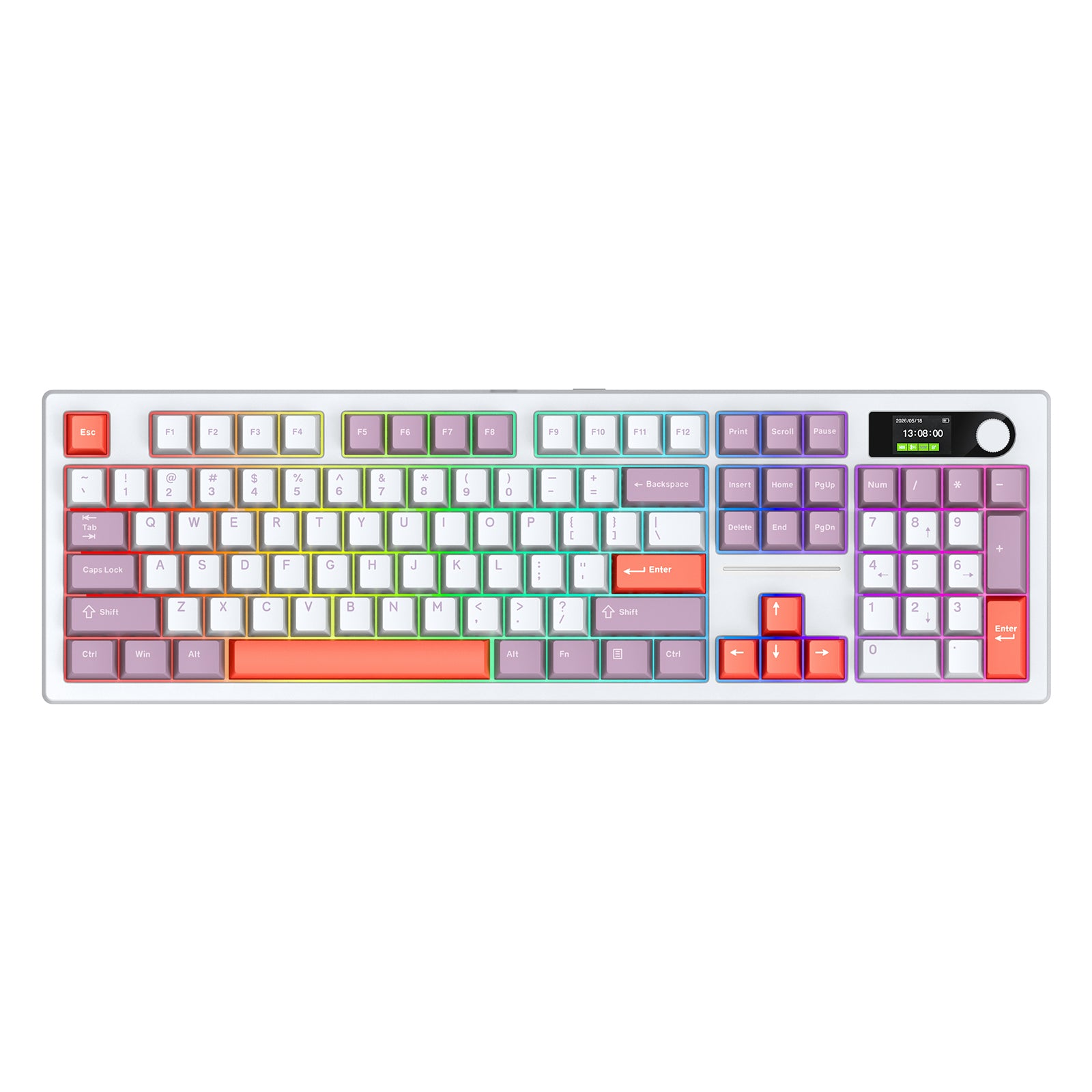 Siukie ACH105 Clavier mécanique 104 touches avec écran couleur, interrupteur détachable, 3 modes RGB, violet pastel et blanc