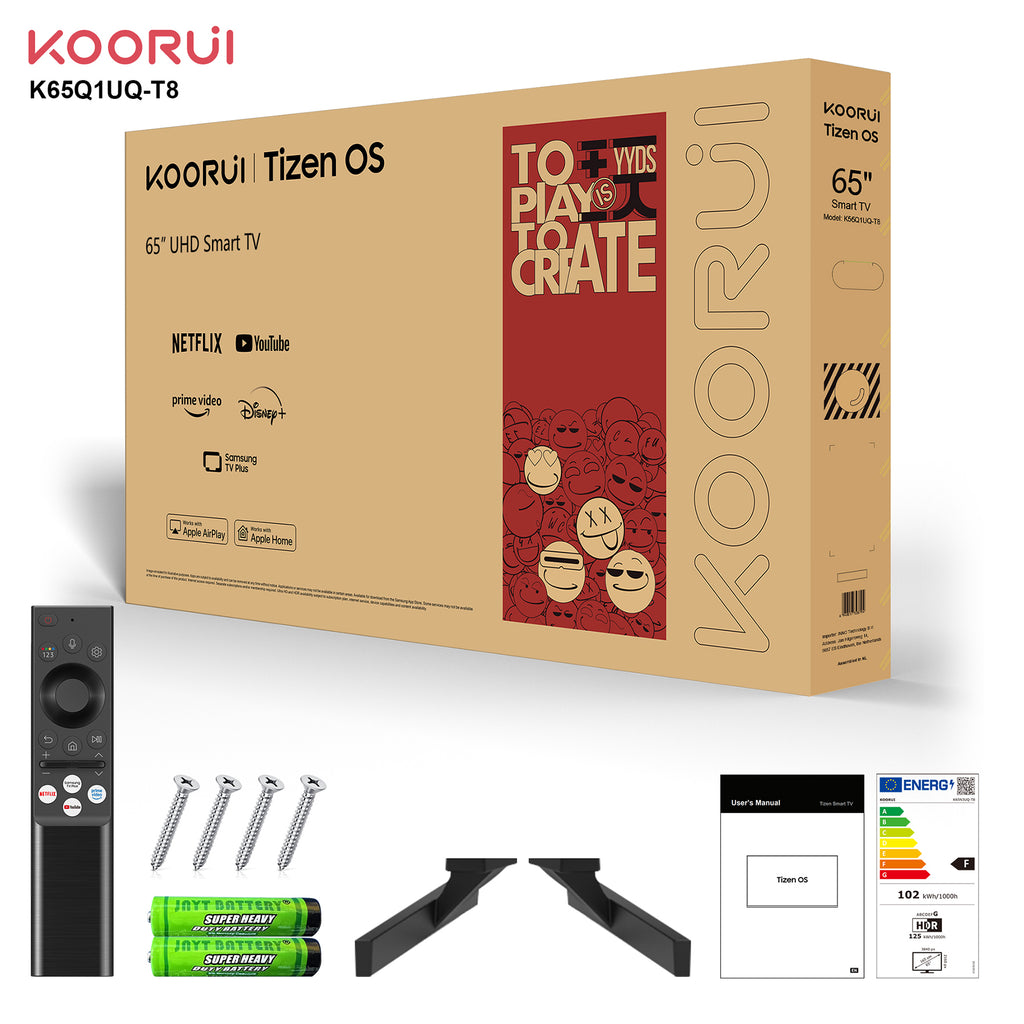 KOORUI K65N3UQ-T8, 65 pouces, 4K QLED, TIZEN TV, Design sans bords, Son dynamique avec Dolby Audio, Finition métallique haut de gamme