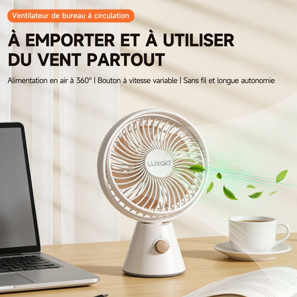 Luxaid Ventilateur de bureau portable, batterie 4000 mAh , oscillation manuelle verticale à 180° + oscillation automatique horizontale à 90°, 7 pales