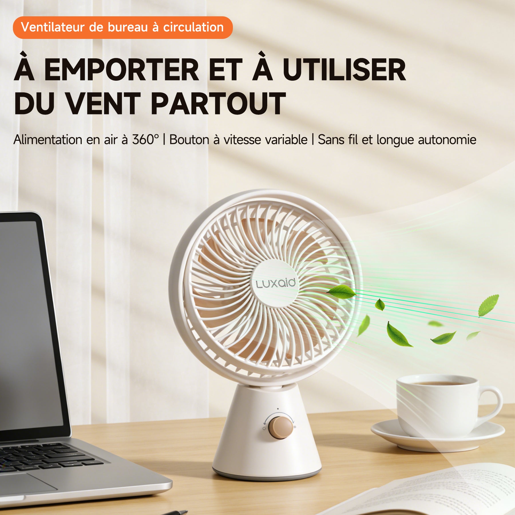 Luxaid Ventilateur de bureau portable, batterie 4000 mAh , oscillation manuelle verticale à 180° + oscillation automatique horizontale à 90°, 7 pales