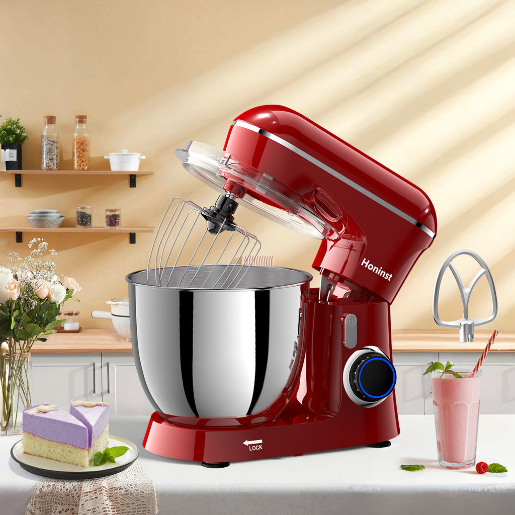 HONINST Robot pâtissier électrique à tête inclinable, 6,5 qt, 10 vitesses, robot de cuisine 3 en 1 avec bol, crochet pétrisseur, fouet et batteur plat