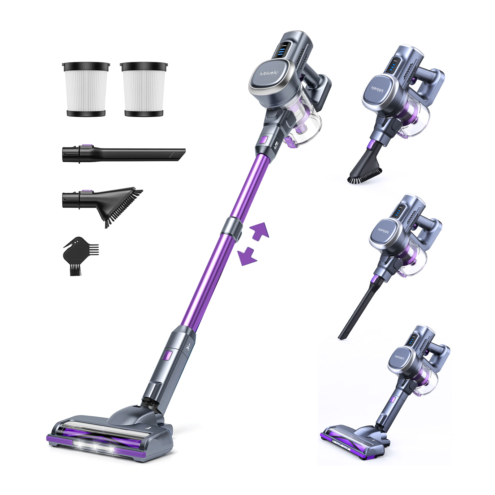 Lubluelu 202 Aspirateur balai sans fil forte aspiration, Autonomie 50 minutes, Autoportant, Batterie amovible, Pour sols durs et poils d'animaux
