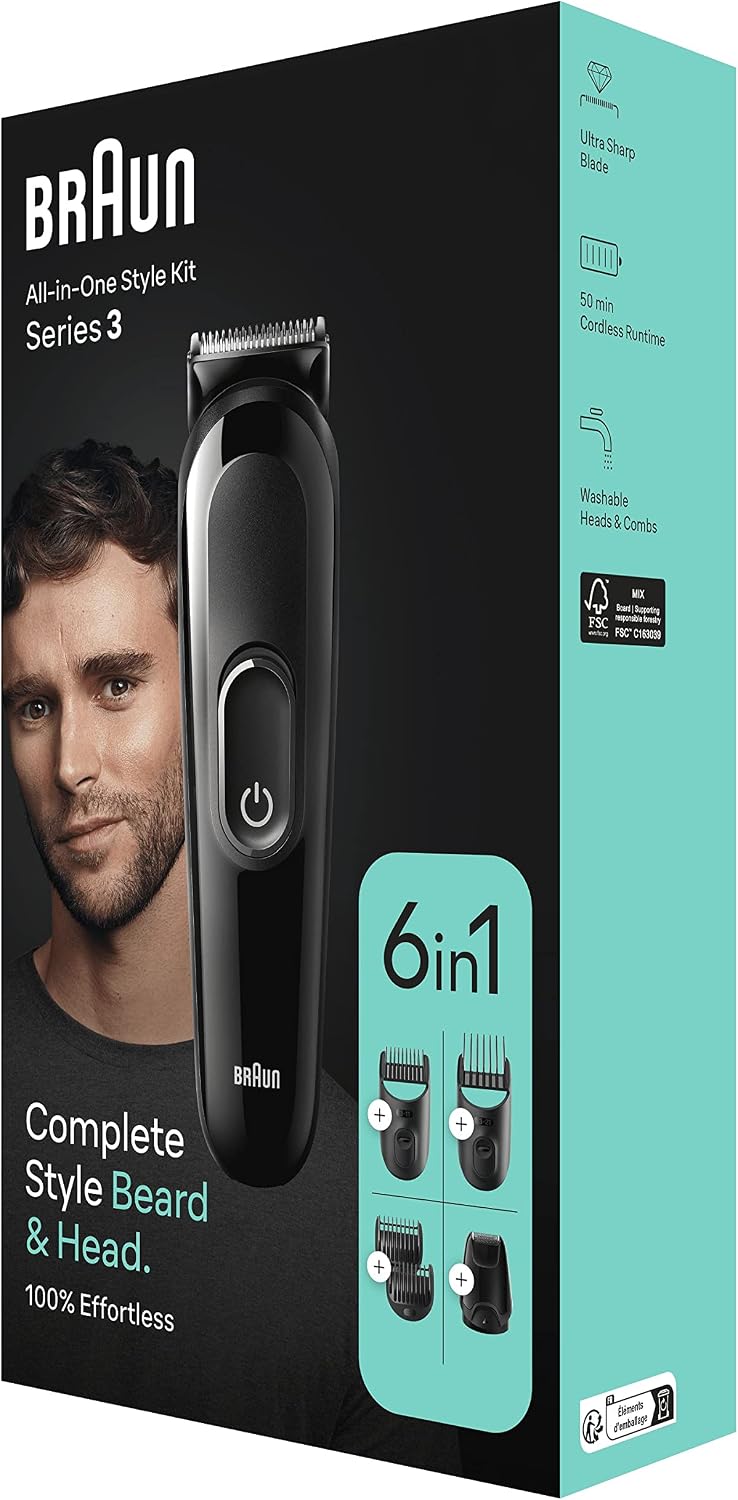 Braun Series 3 MGK3420 - Kit de Tonte Multifonction 6-en-1 pour Barbe et Cheveux - Rechargeable - Noir