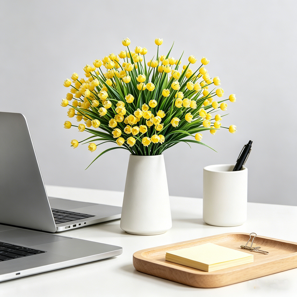 Yuejia 4 pièces CS 13,39 po/34 cm herbe de printemps artificielle, camélia, ciel étoilé, décoration florale artificielle pour intérieur, jaune
