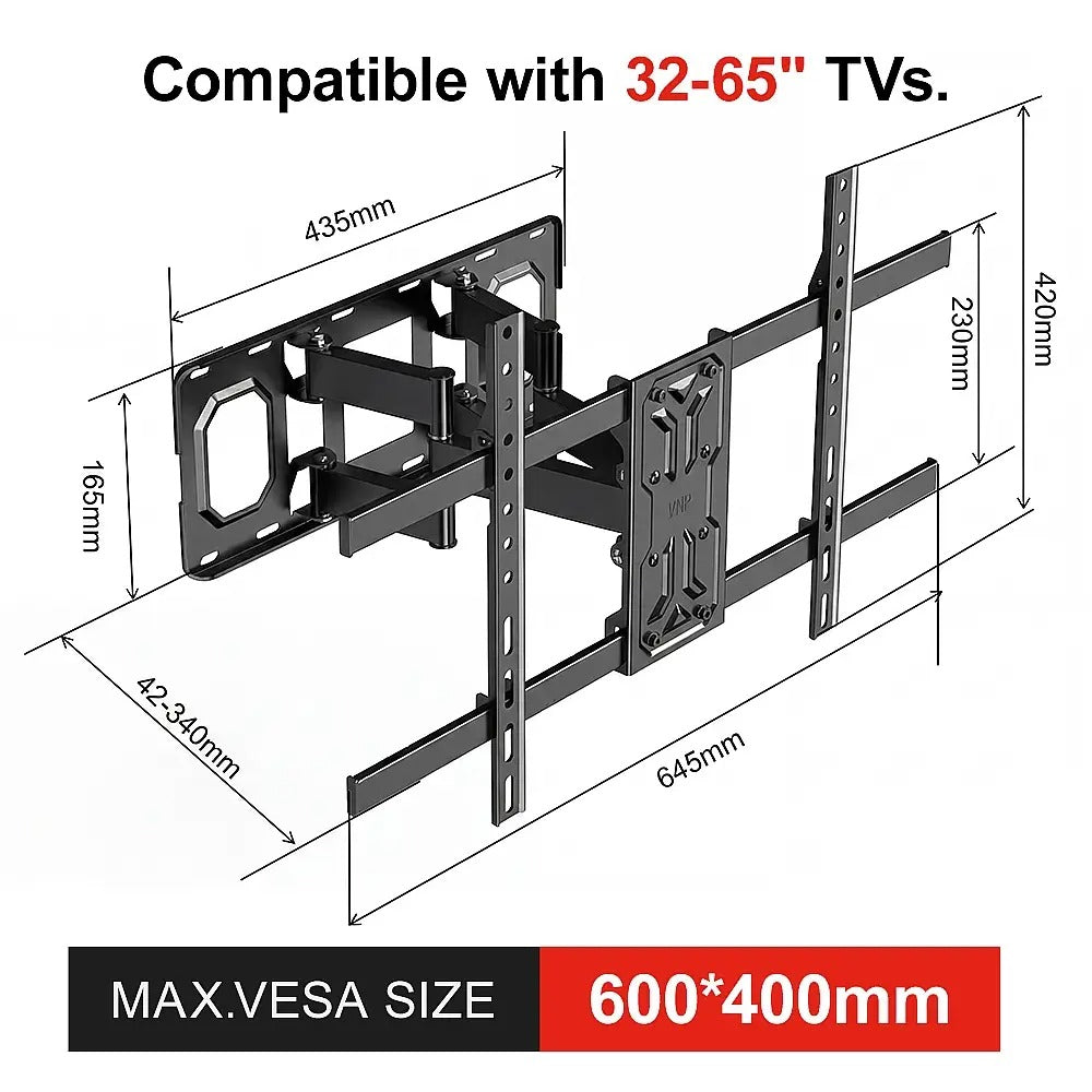 Support mural universel pour téléviseurs 32-55 pouces, Max VESA 400 x 400 mm, Extensible 42-340 mm, Supporte jusqu'à 45 kg, Convient aux murs en béton, brique et bois