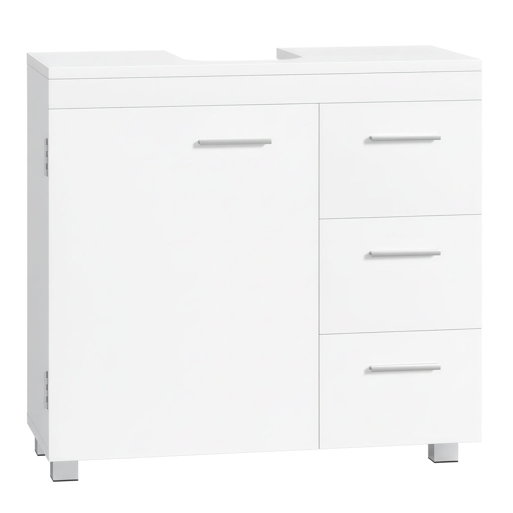 JOYFURNOS Armoire sous lavabo pour salle de bain, Blanc Mat, 30 x 70 x 63,8 cm – meuble de rangement avec pieds, 3 tiroirs et 2 compartiments derrière la porte, pour lavabos avec socle