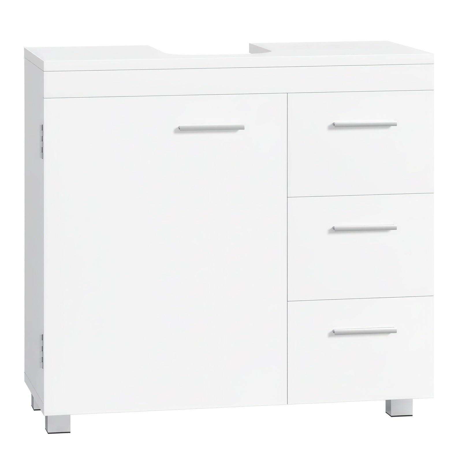 JOYFURNOS Armoire sous lavabo pour salle de bain, Blanc Mat, 30 x 70 x 63,8 cm – meuble de rangement avec pieds, 3 tiroirs et 2 compartiments derrière la porte, pour lavabos avec socle