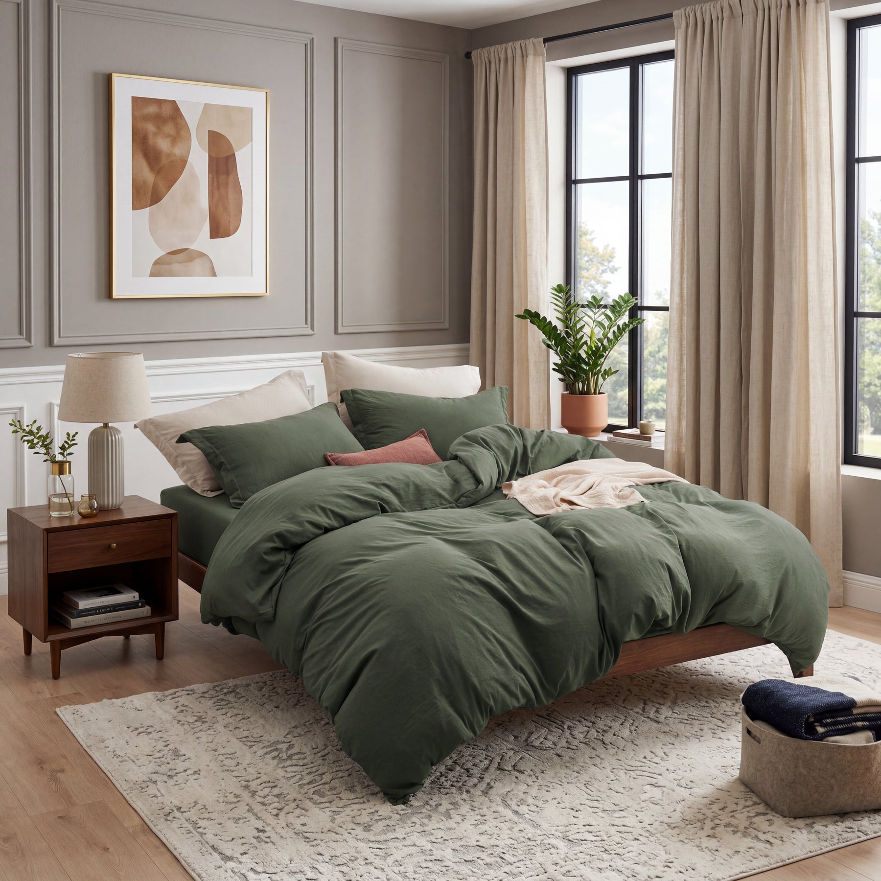 Parure de lit 3 pièces 200 x 200 cm - Vert olive - En coton doux prélavé - Similaire au standard Öko-Tex