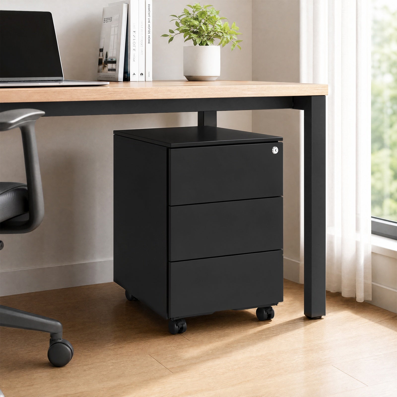 JOYFURNOS Armoire à dossiers mobile verrouillable noir mat – 3 tiroirs, préassemblée, rangement pour documents et fournitures, 39 x 45,1 x 53,8 cm – rangement compact pour bureau ou télétravail