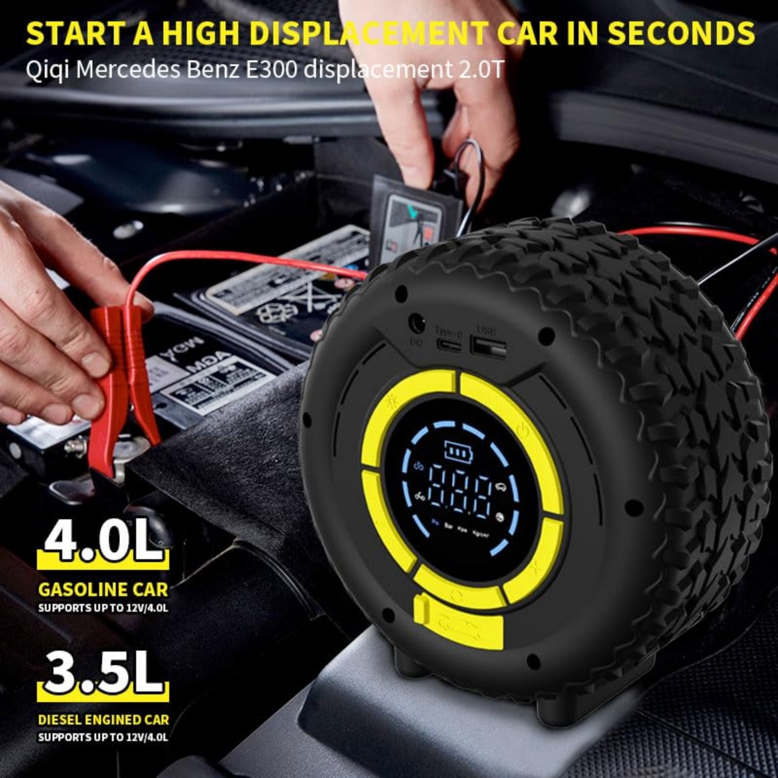 COCCKO Démarreur de batterie de voiture avec gonfleur 150 PSI, compresseur de secours 120 W, 4 modes intelligents, écran LCD, éclairage LED et mode SOS