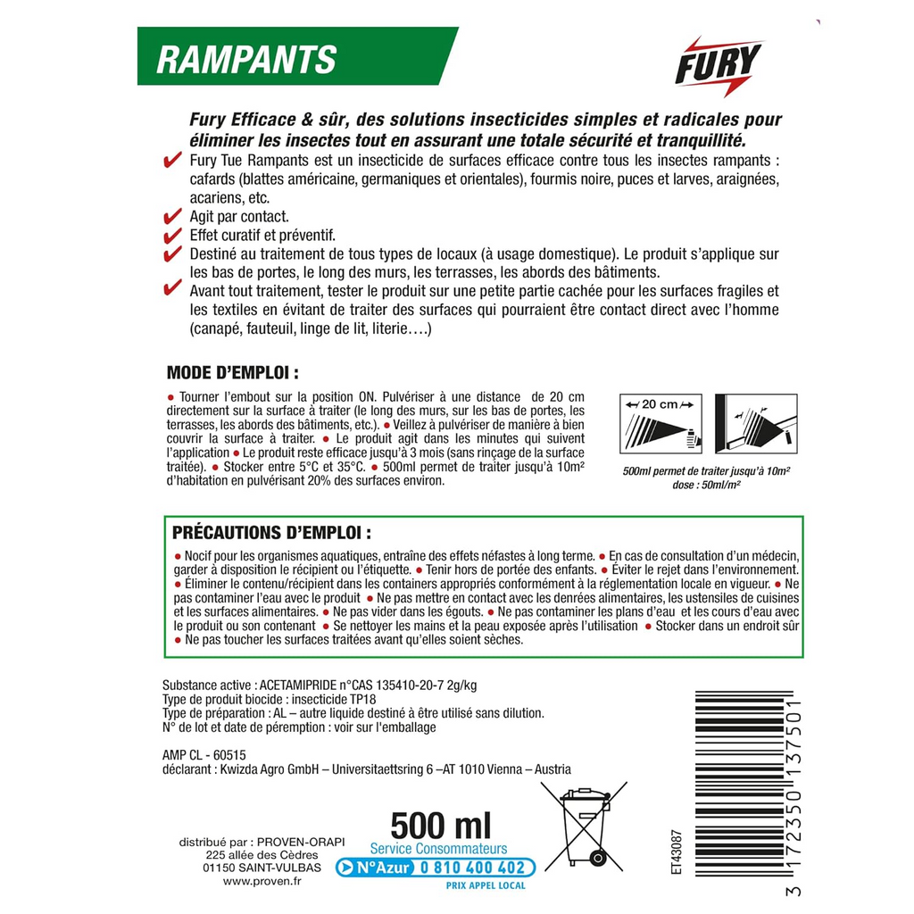 FURY Spray insecticide insectes rampants protection 6 mois intérieur et extérieur 500 ml