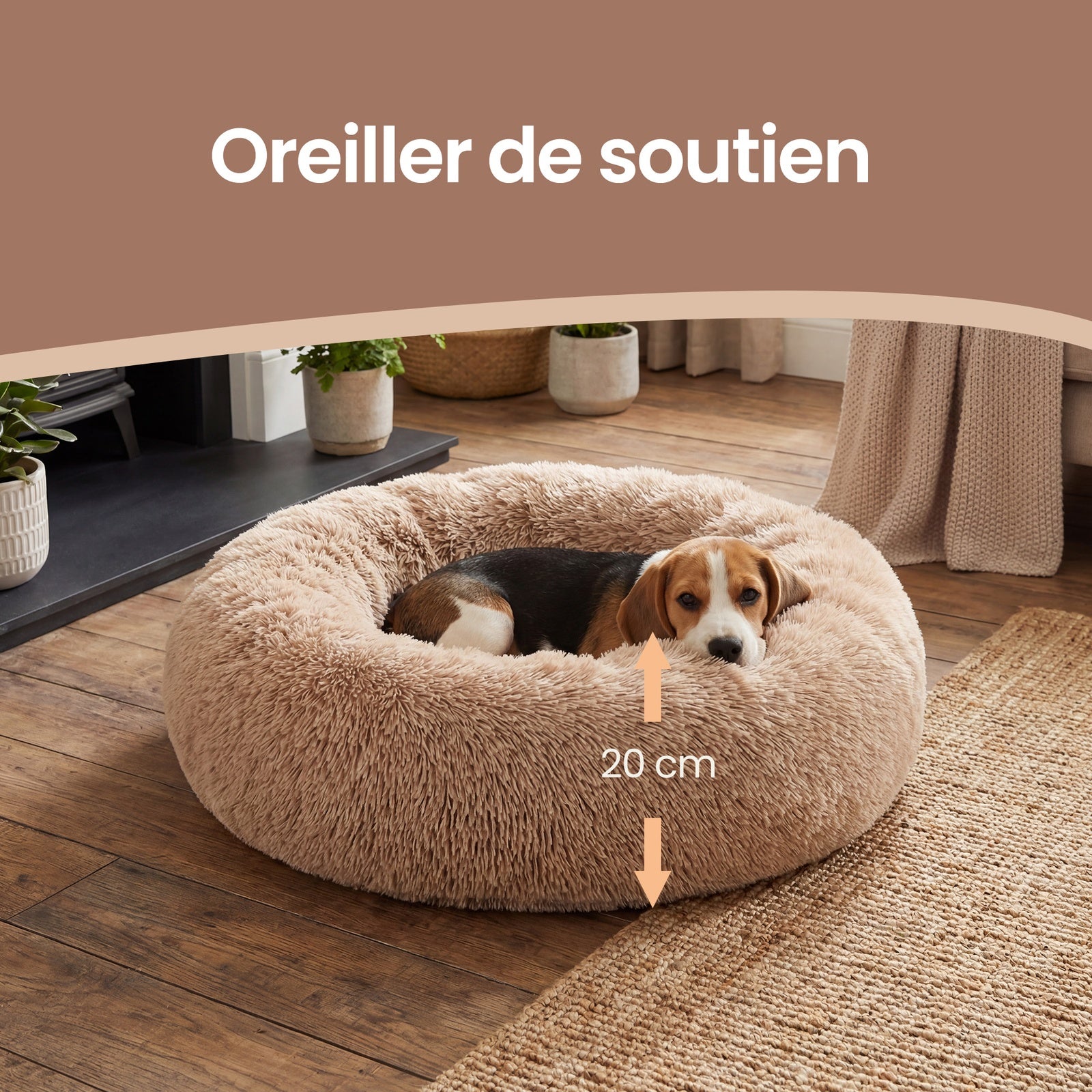 JOYFURNOS Lit pour cage de chien en peluche apaisant en forme de donut avec housse amovible et lavable en machine, camel, 70 x 20 cm