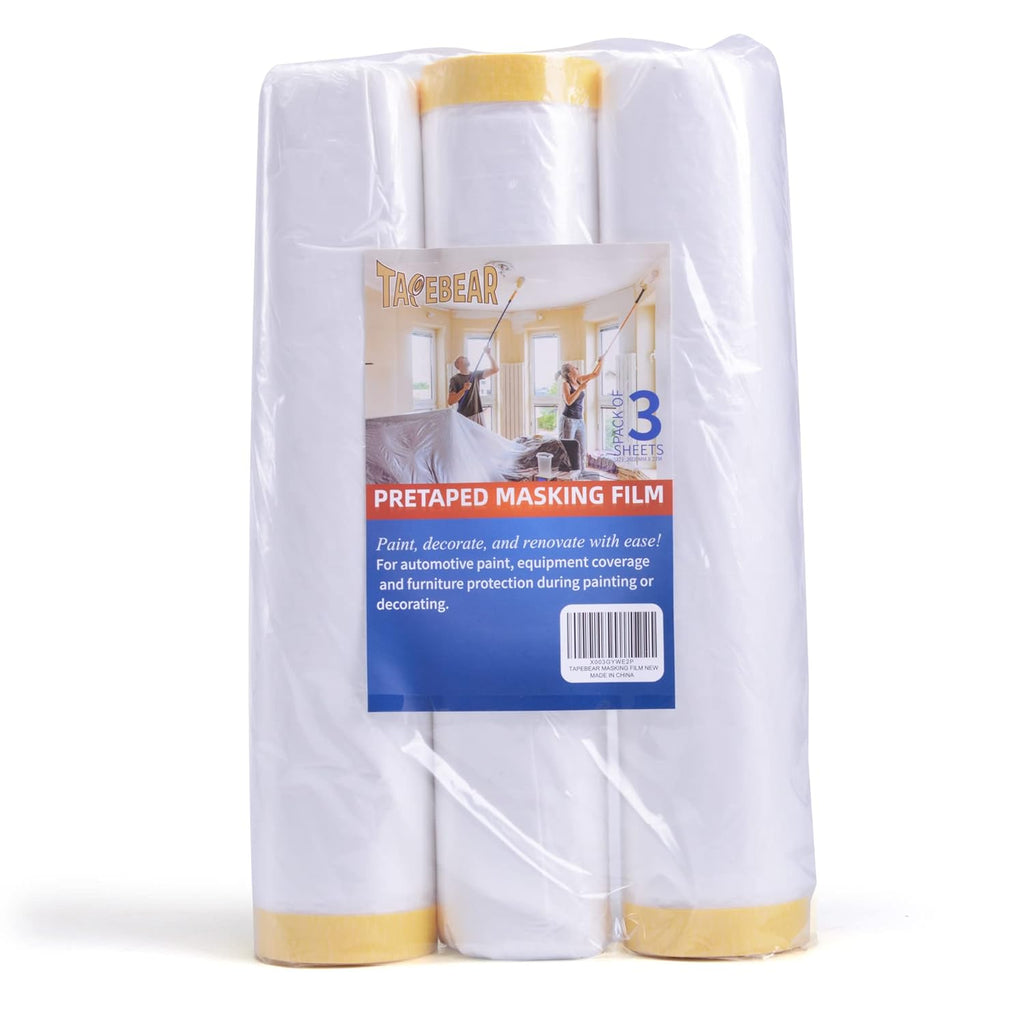 TAPEBEAR Film de masquage avec ruban intégré, Ruban et bâche, Rouleau de bâche plastique pour peinture automobile, appareils électroménagers et meubles, 9 pi x 90 pi, 2600 mm x 27 m, 3 rouleaux