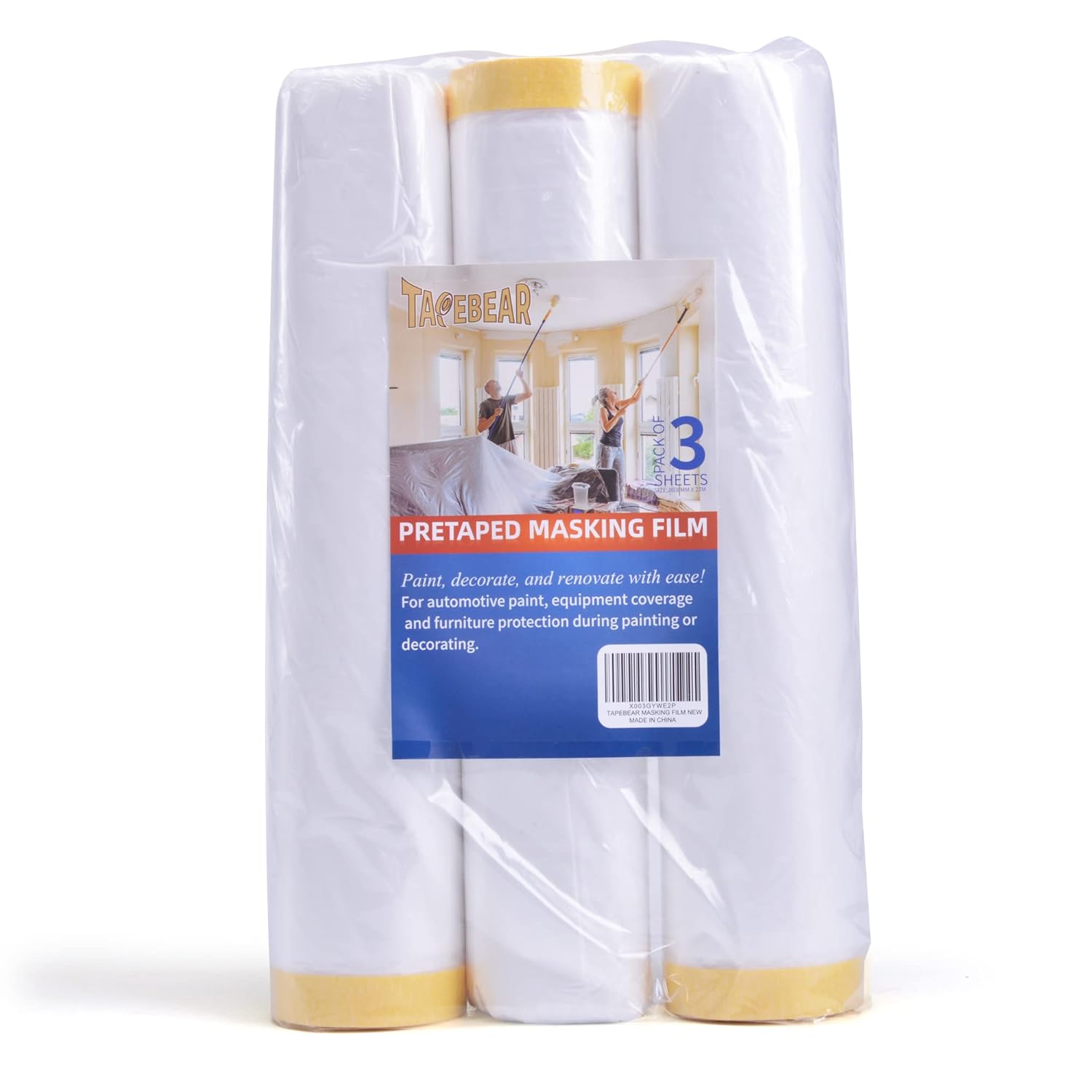 TAPEBEAR Film de masquage avec ruban intégré, Ruban et bâche, Rouleau de bâche plastique pour peinture automobile, appareils électroménagers et meubles, 9 pi x 90 pi, 2600 mm x 27 m, 3 rouleaux