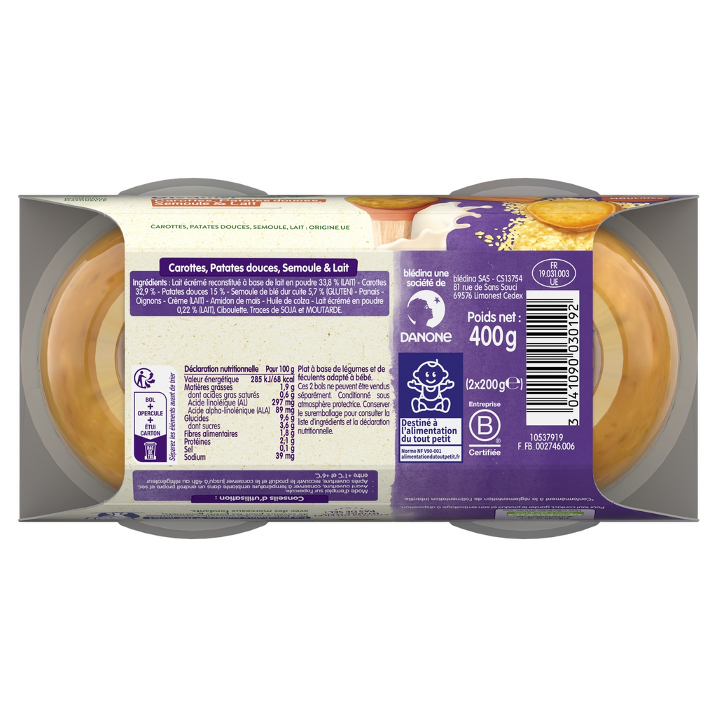 BLEDINA Blédiner Carotte Patate Douce Semoule Lait Repas Bébé Dîner Dès 8 Mois 2x200 g