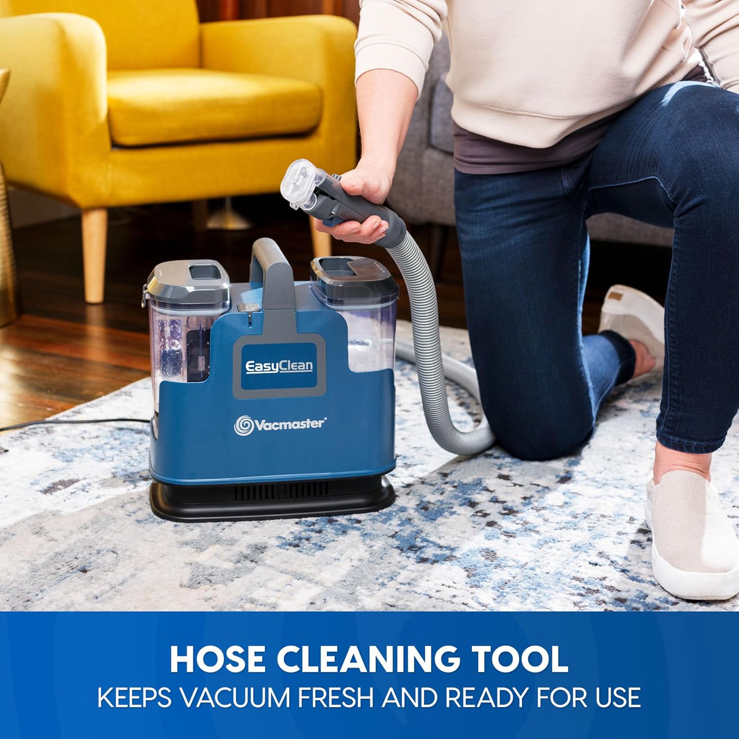 Vacmaster SCB0501 Shampouineuse Compacte pour Tapis et Canapés, Nettoyeur Détacheur 500 W, Double Réservoir 1,6 L/0,95 L, Tuyau de 1,8 m, pour Moquettes, Escaliers et Sièges Auto, Bleu