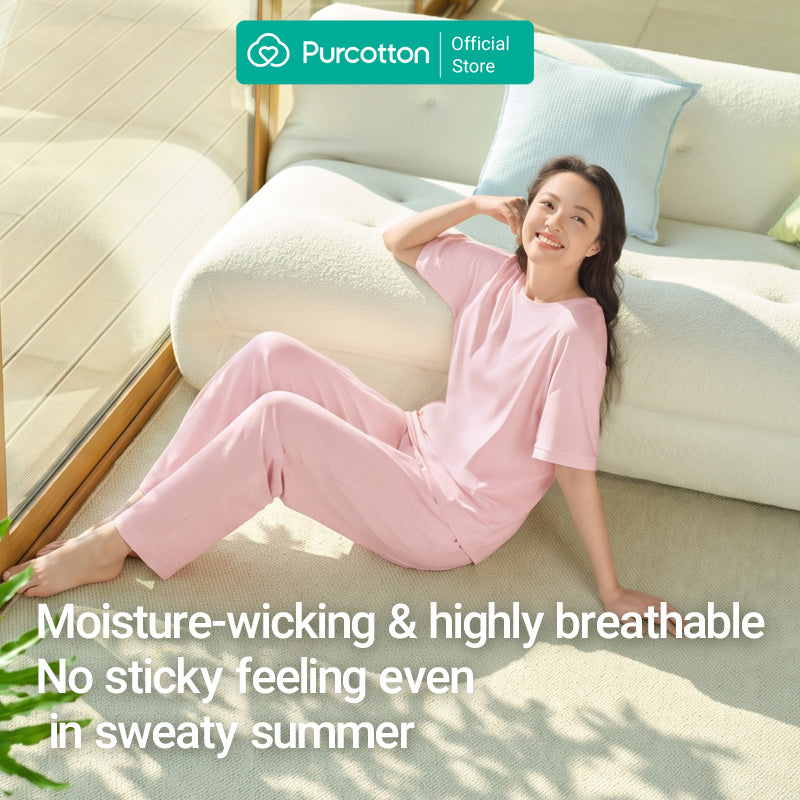 Purcotton Ensemble de loungewear en tricot antibactérien pour femme - Ensemble de pantalon long - Confortable et respectueux de la peau - Style reposant et décontracté