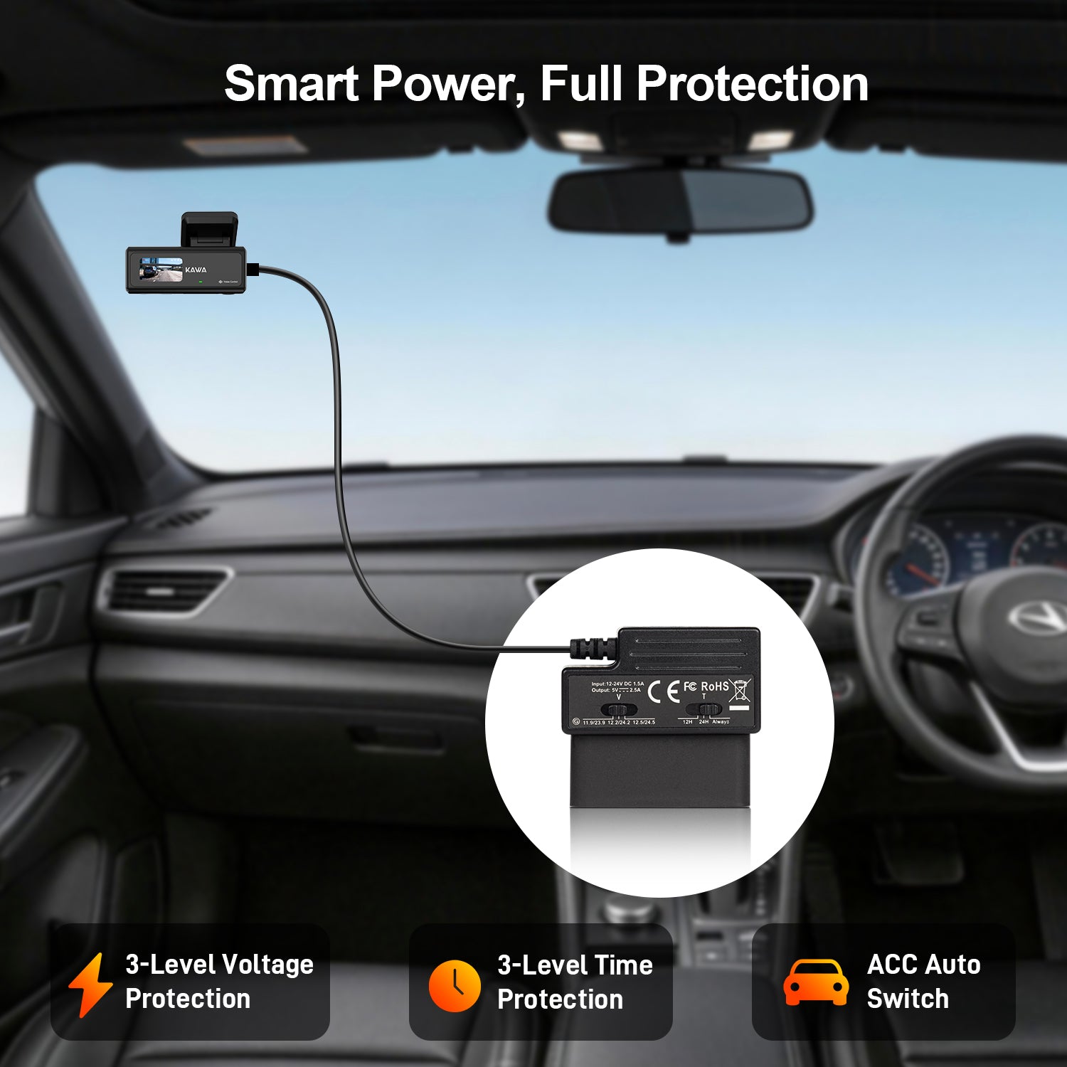 KAWA Câble d'alimentation OBD pour Dashcam, Kit d'adaptation OBD vers Type-C avec câblage direct, Mode stationnement 24/7, Protection contre les sous-tensions à 3 niveaux