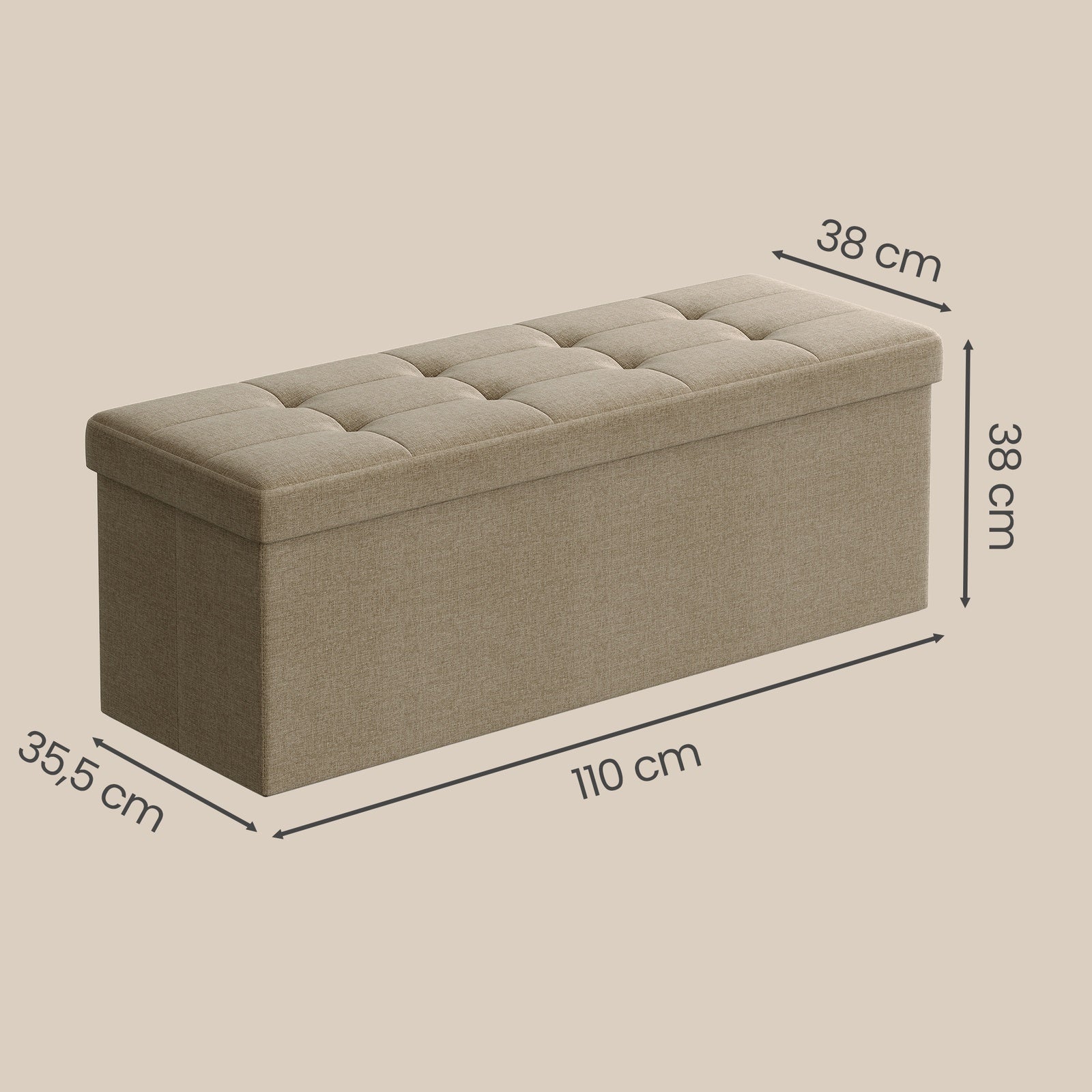 JOYFURNOS Pouf de rangement pliable – Marron Camel, 38 x 110 x 38 cm, repose-pieds avec bo?te de rangement, charge max 300 kg – idéal pour salon, chambre ou couloir