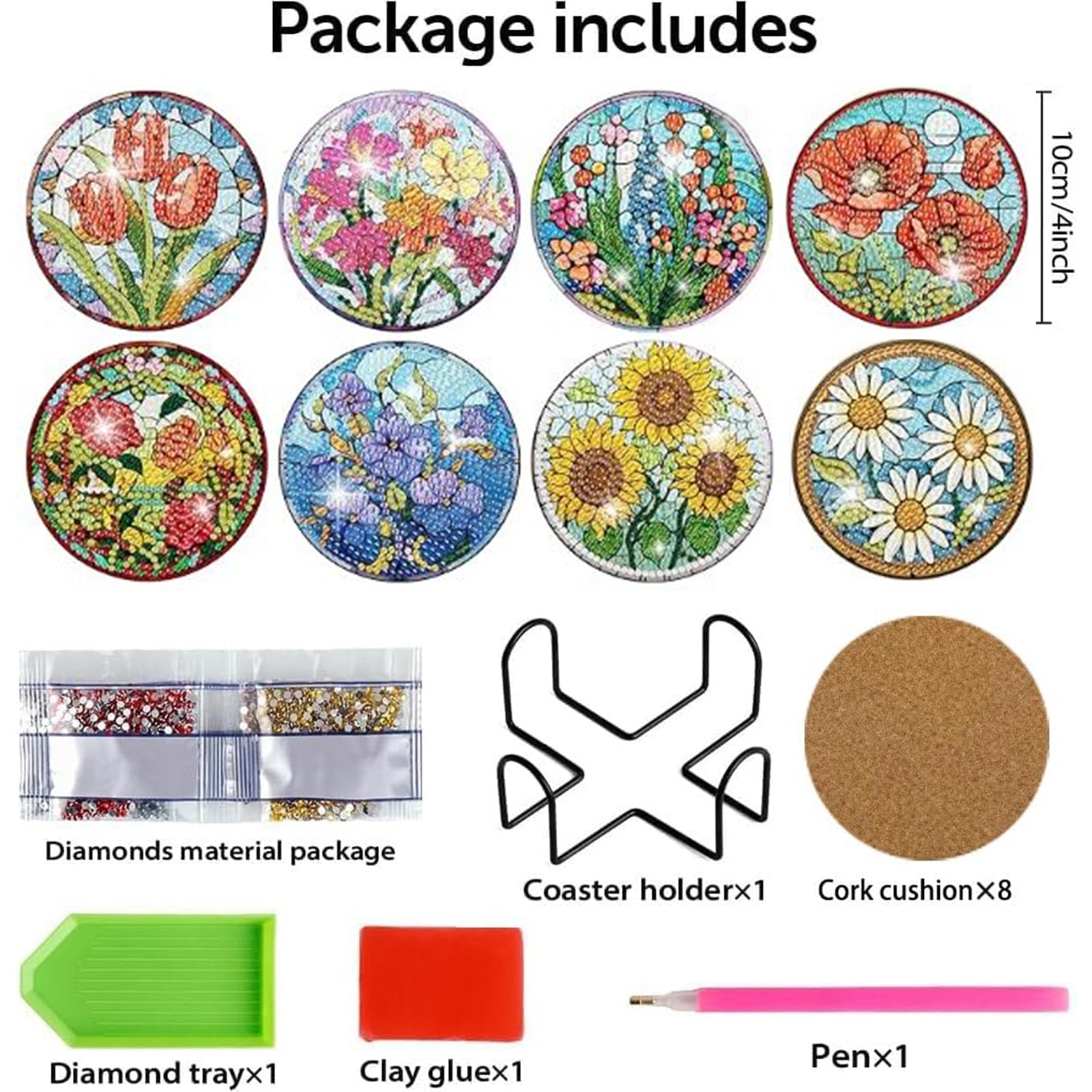 Ju7cer Ensemble de sous-verres de peinture au diamant 5D à perçage complet 8 pièces - Art floral au diamant | Cadeau de bricolage de pierres précieuses 4 × 4 pouces (10 × 10 cm)
